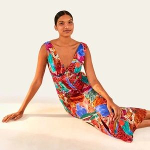 FARM RIO Animal Collage Deep V Midi Dress Size Medium